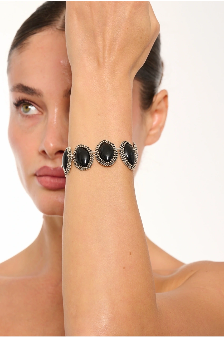 Kiraz Black Stoned Silver Plated Almond Bracelet