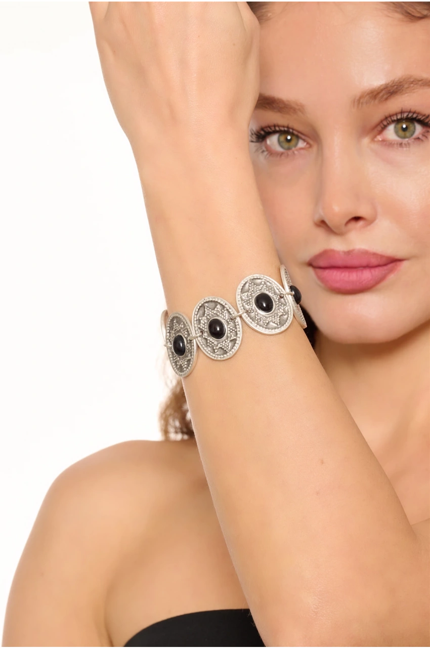 Kiraz Black Stoned Silver Plated Bracelet