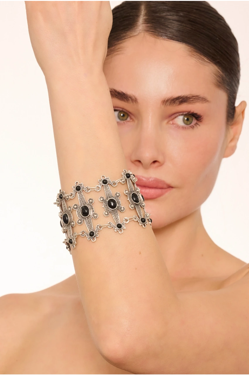 Kiraz Black Stoned Silver Plated Bracelet