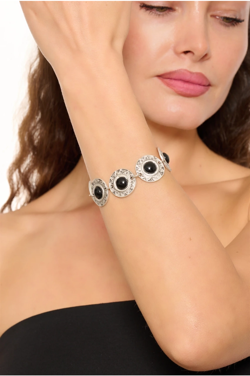 Kiraz Black Stoned Silver Plated Bracelet
