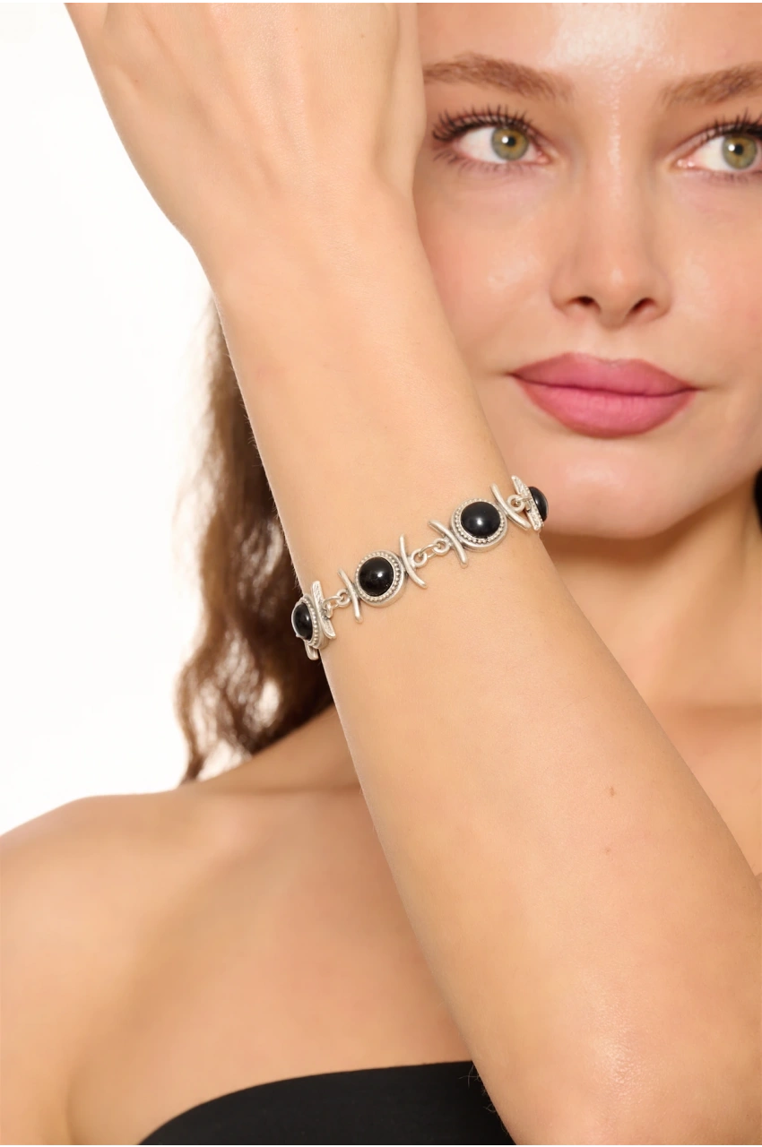 Kiraz Black Stoned Silver Plated Bracelet