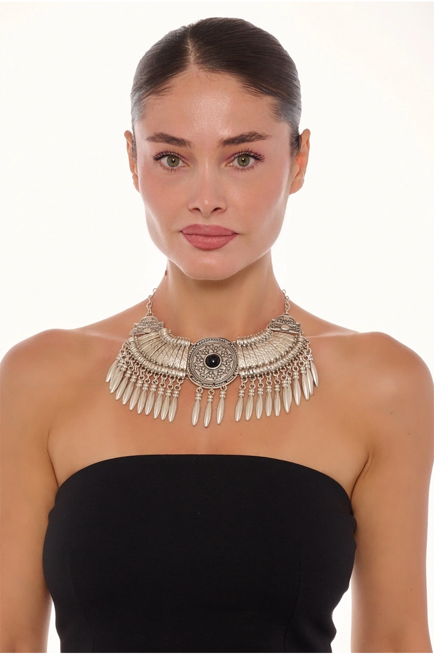 Kiraz Black Stoned Silver Plated Cleopatra Necklace