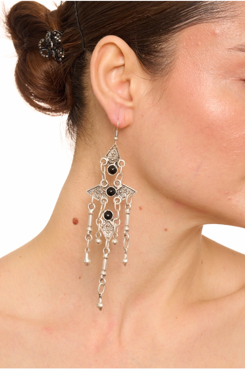 Kiraz Black Stoned Silver Plated Dangling Earring