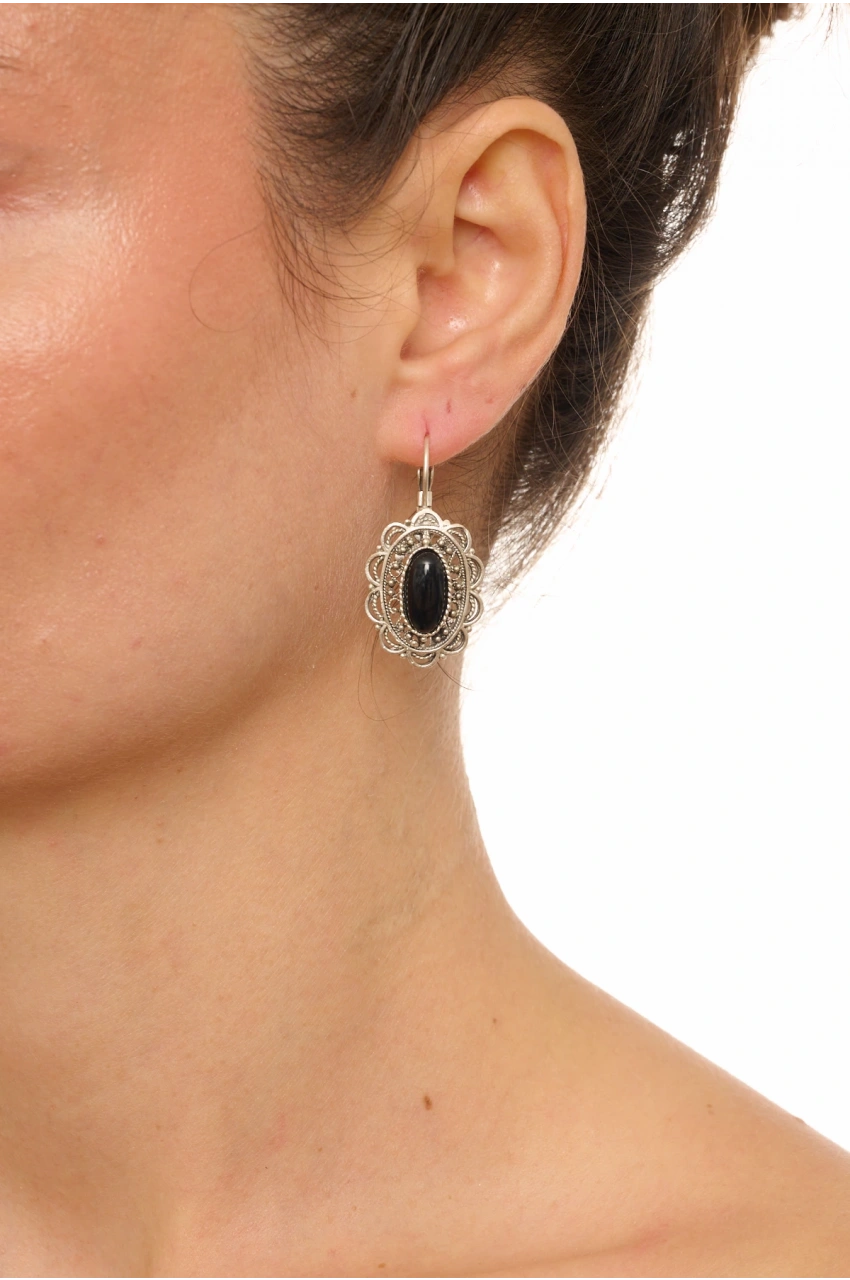Kiraz Black Stoned Silver Plated Earring