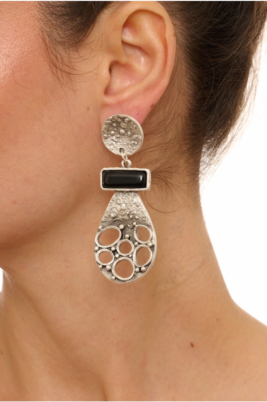 Kiraz Black Stoned Silver Plated Earring