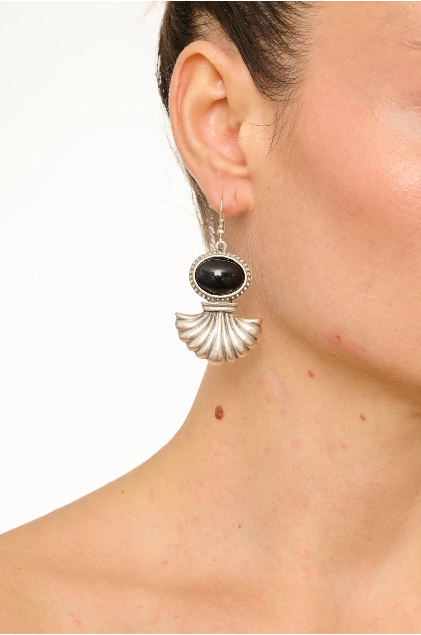 Kiraz Black Stoned Silver Plated Earring