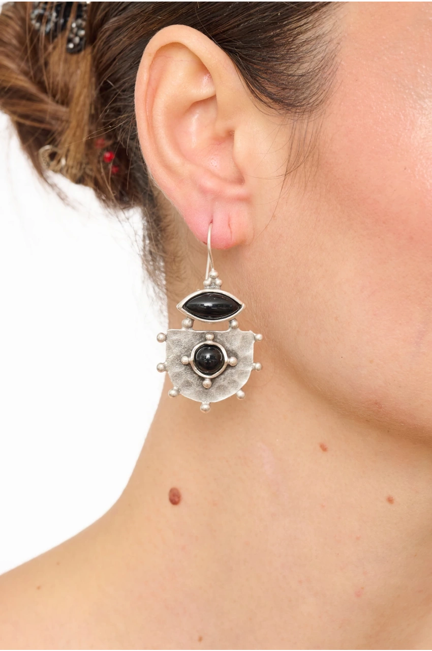 Kiraz Black Stoned Silver Plated Earring