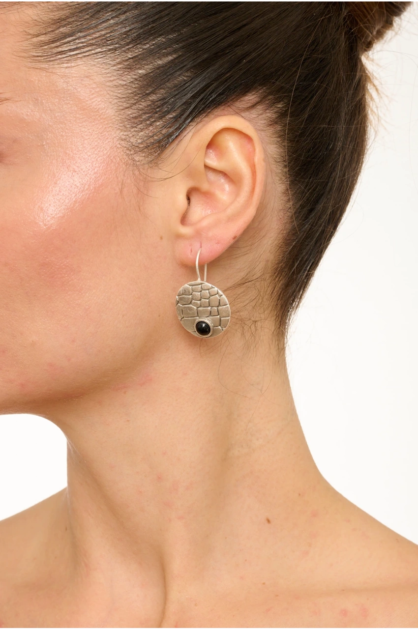 Kiraz Black Stoned Silver Plated Earring