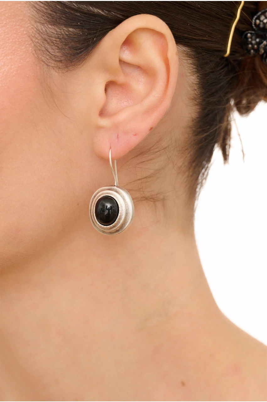 Kiraz Black Stoned Silver Plated Earring