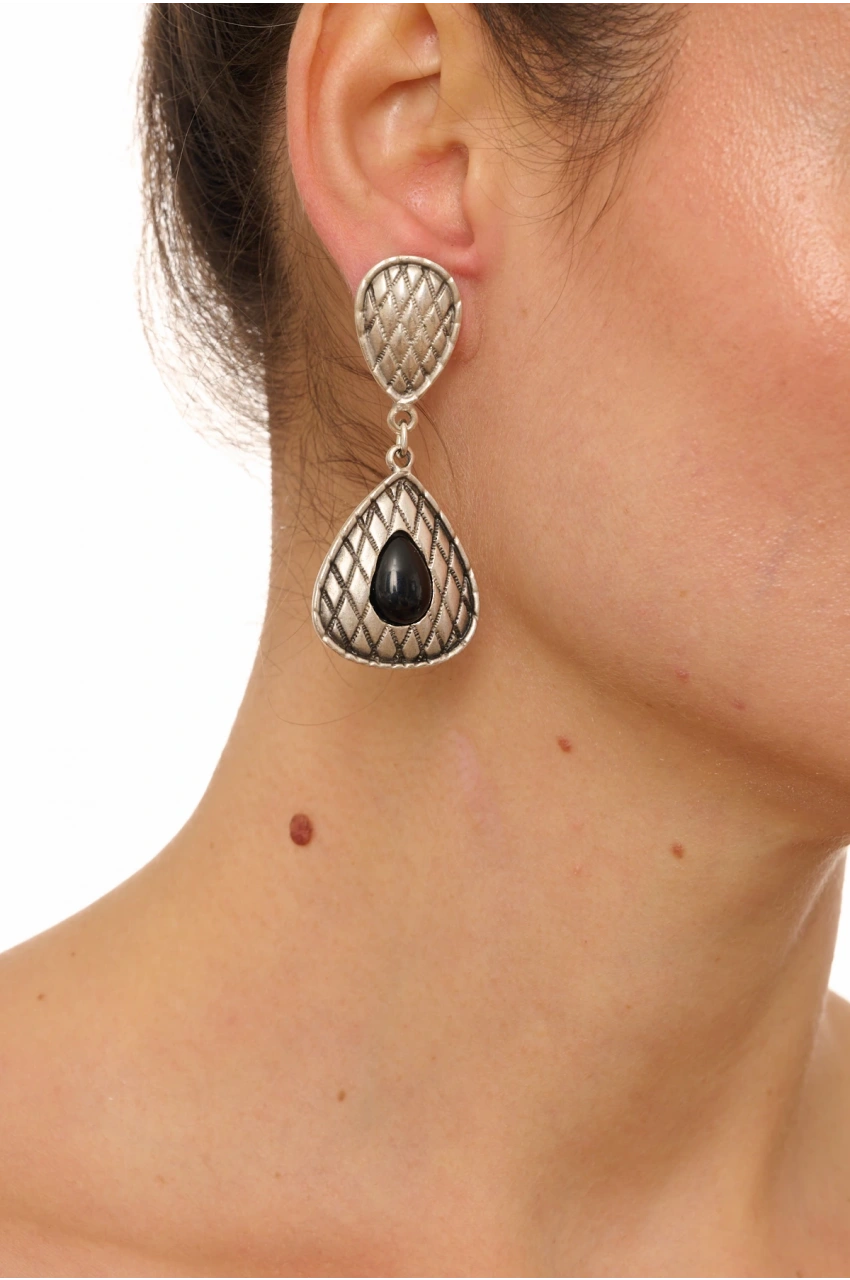 Kiraz Black Stoned Silver Plated Earring