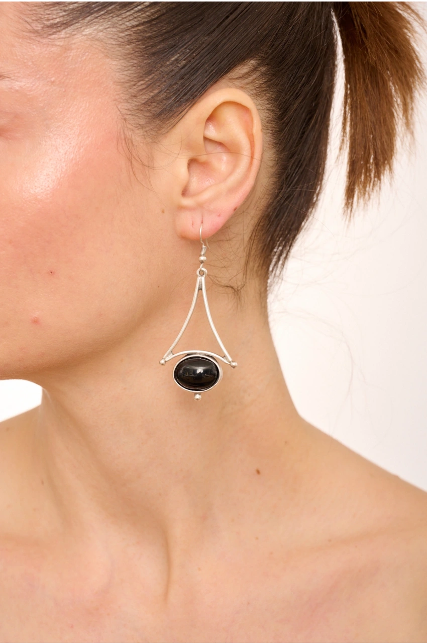 Kiraz Black Stoned Silver Plated Earring