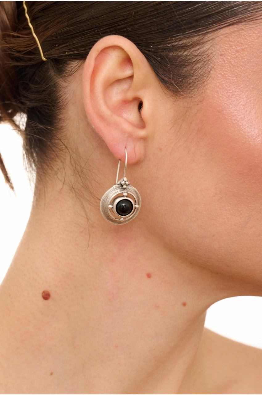 Kiraz Black Stoned Silver Plated Earring