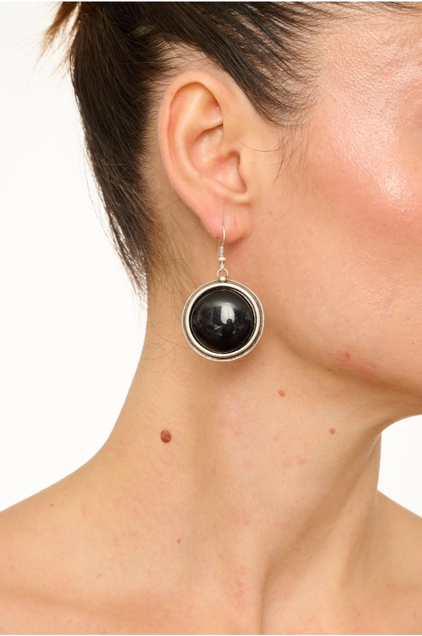 Kiraz Black Stoned Silver Plated Earring