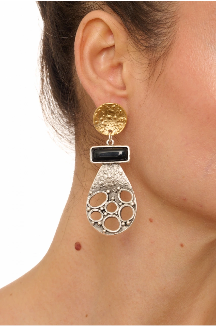 Kiraz Black Stoned Silver Plated Earring