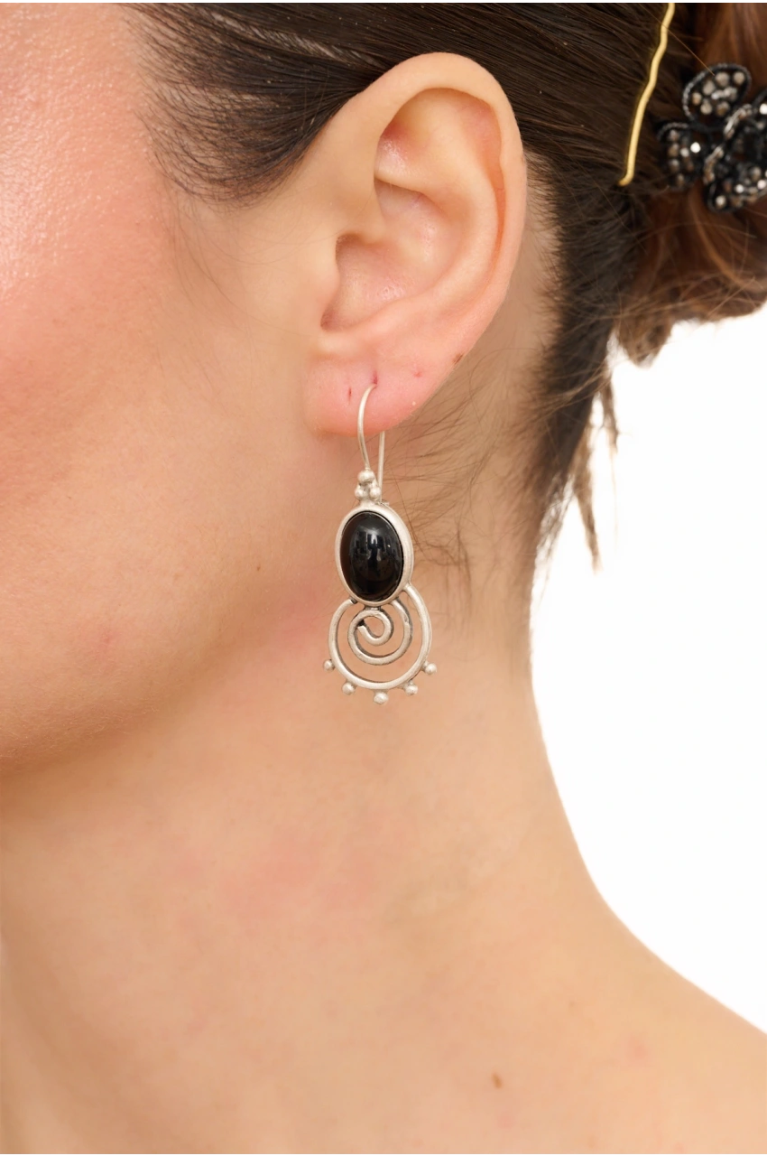 Kiraz Black Stoned Silver Plated Earring