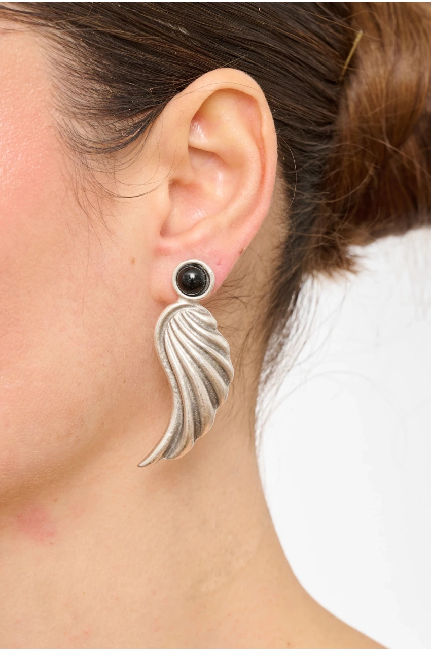 Kiraz Black Stoned Silver Plated Earring