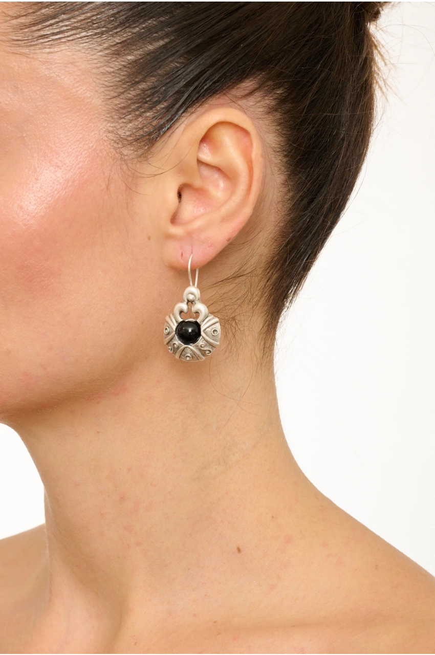 Kiraz Black Stoned Silver Plated Earring