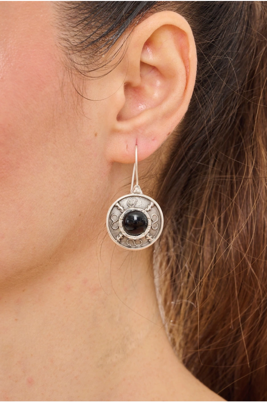 Kiraz Black Stoned Silver Plated Earring
