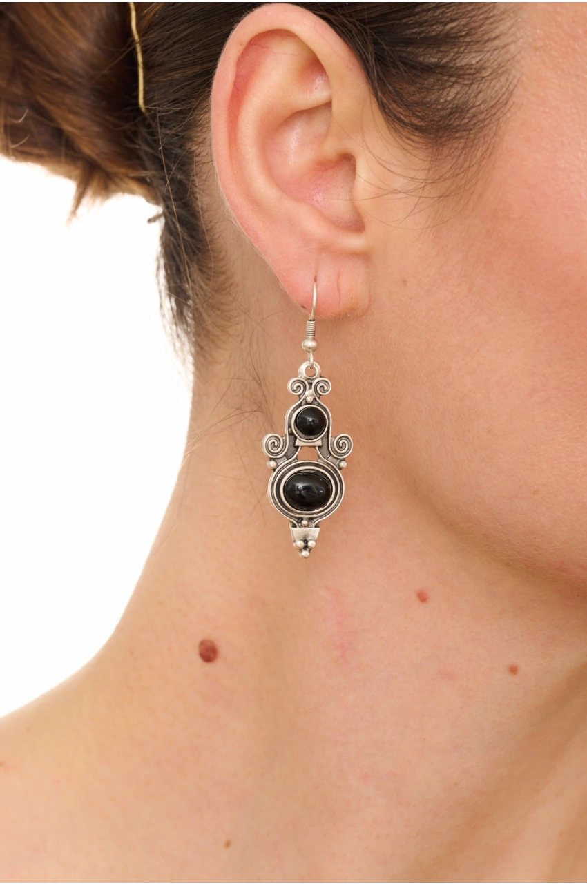 Kiraz Black Stoned Silver Plated Earring