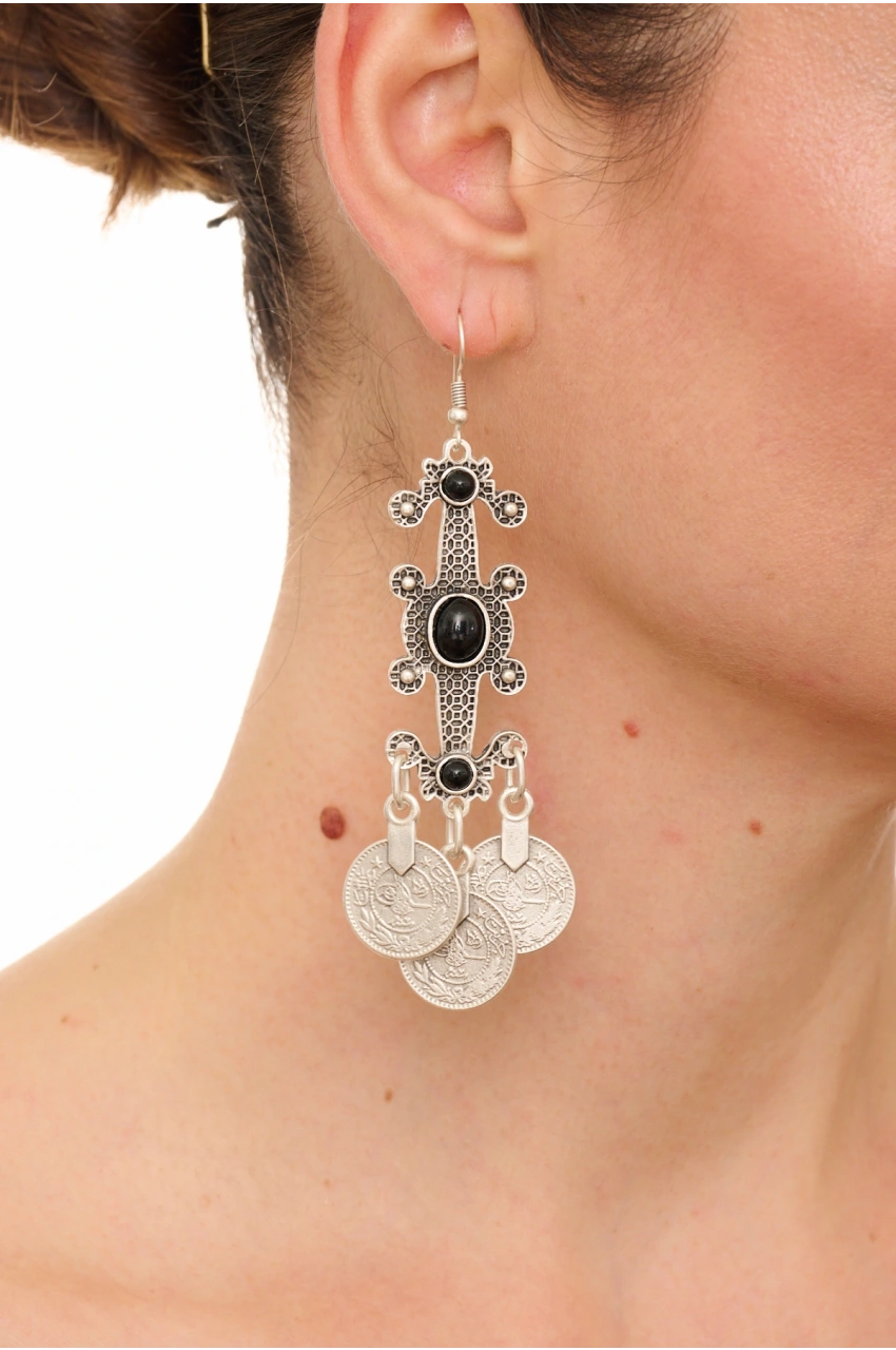 Kiraz Black Stoned Silver Plated Earring