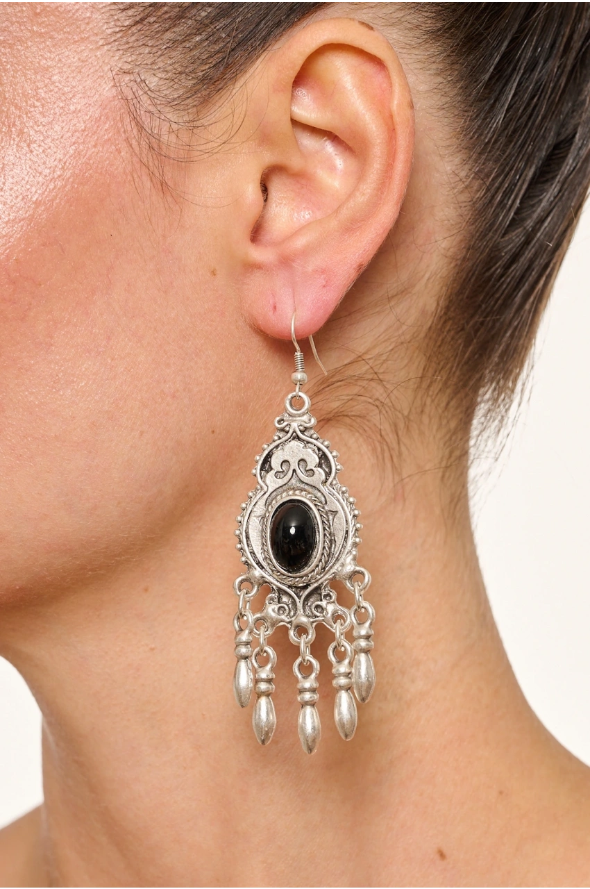 Kiraz Black Stoned Silver Plated Earring