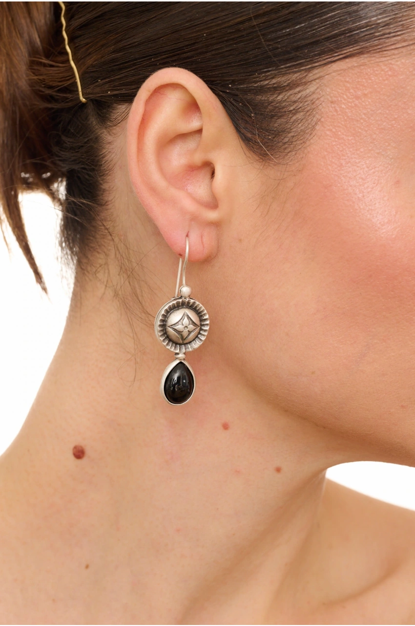 Kiraz Black Stoned Silver Plated Earring