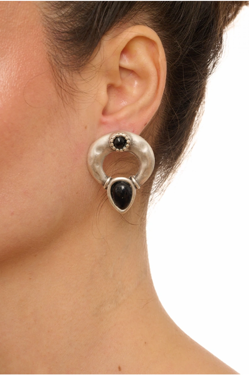 Kiraz Black Stoned Silver Plated Earring