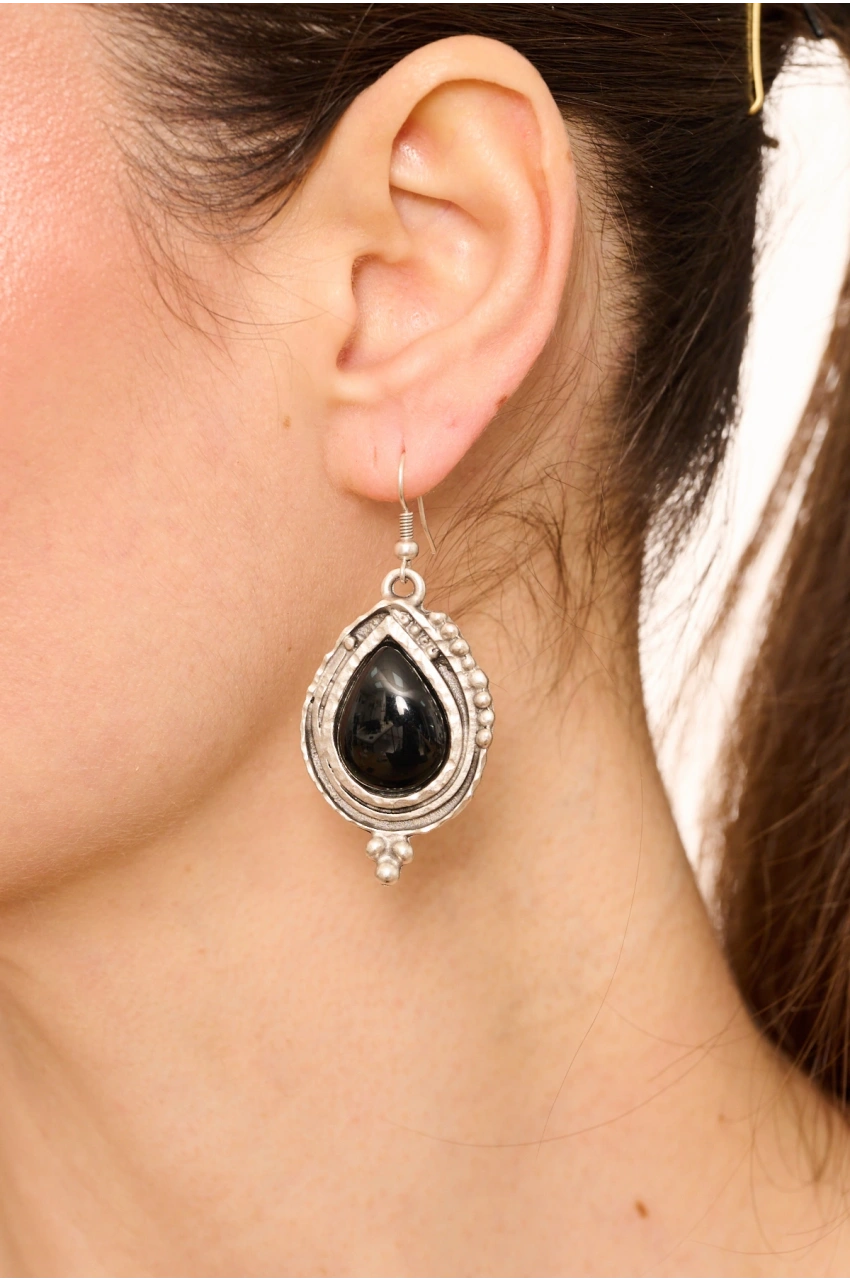 Kiraz Black Stoned Silver Plated Earring