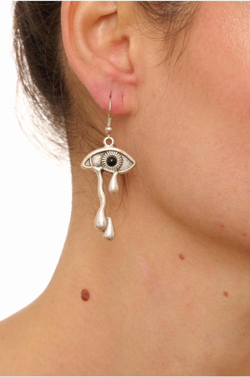 Kiraz Black Stoned Silver Plated Eye Earring