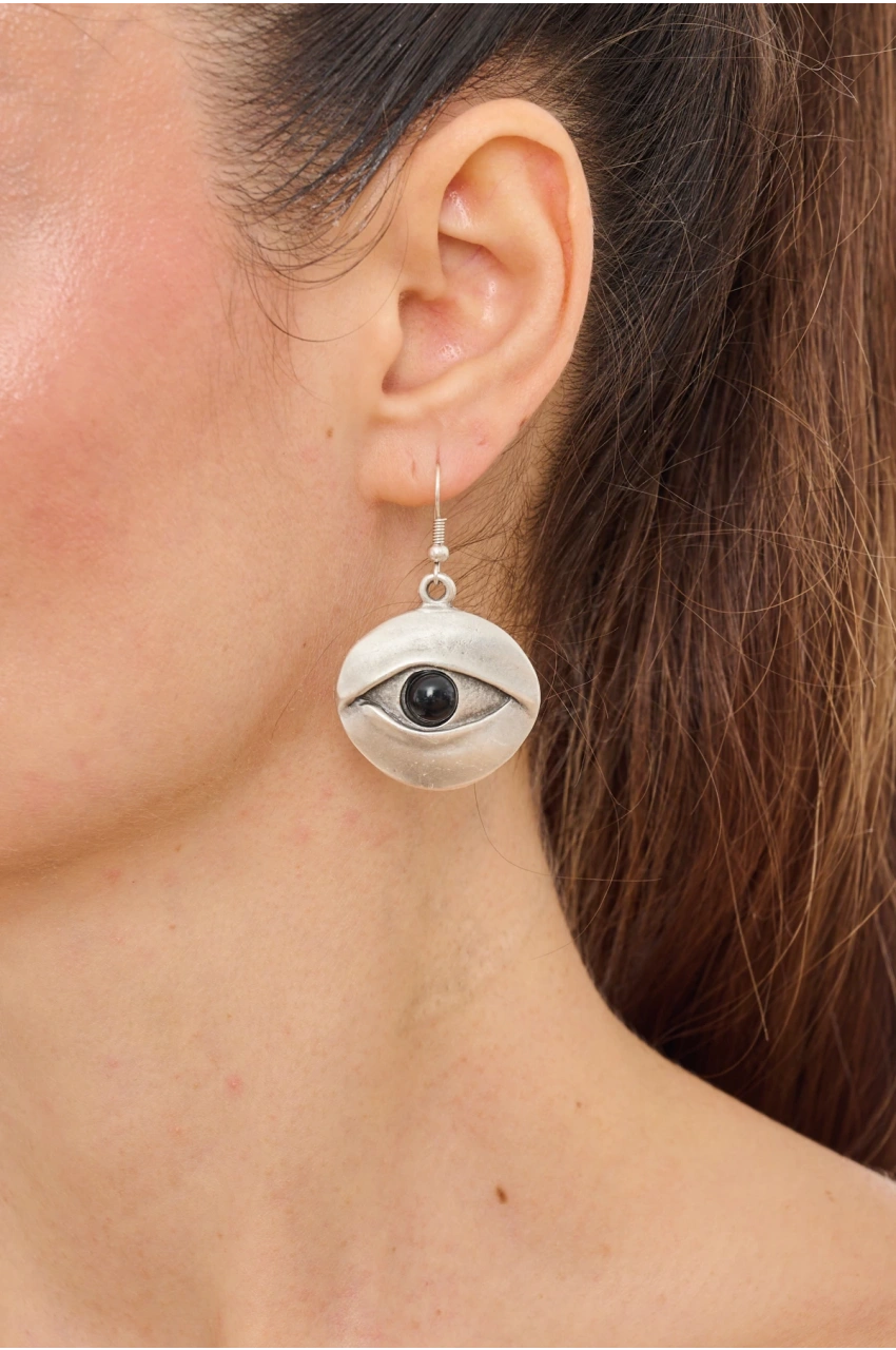 Kiraz Black Stoned Silver Plated Eye Earring