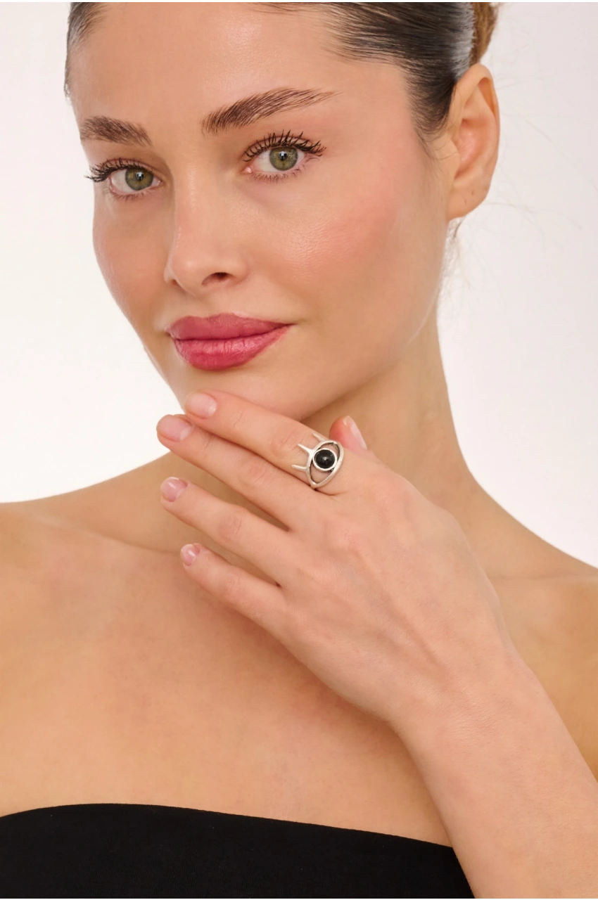Kiraz Black Stoned Silver Plated Eye Ring