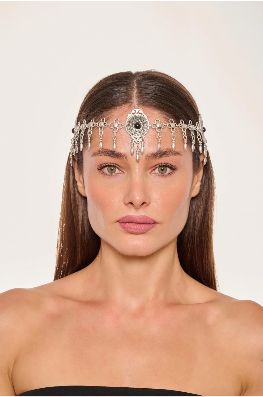 Kiraz Black Stoned Silver Plated Head Accessory