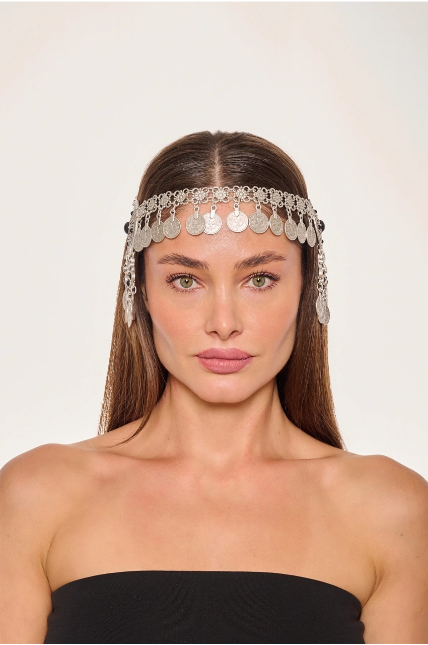 Kiraz Black Stoned Silver Plated Head Accessory