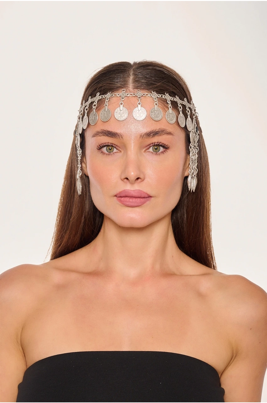 Kiraz Black Stoned Silver Plated Head Accessory