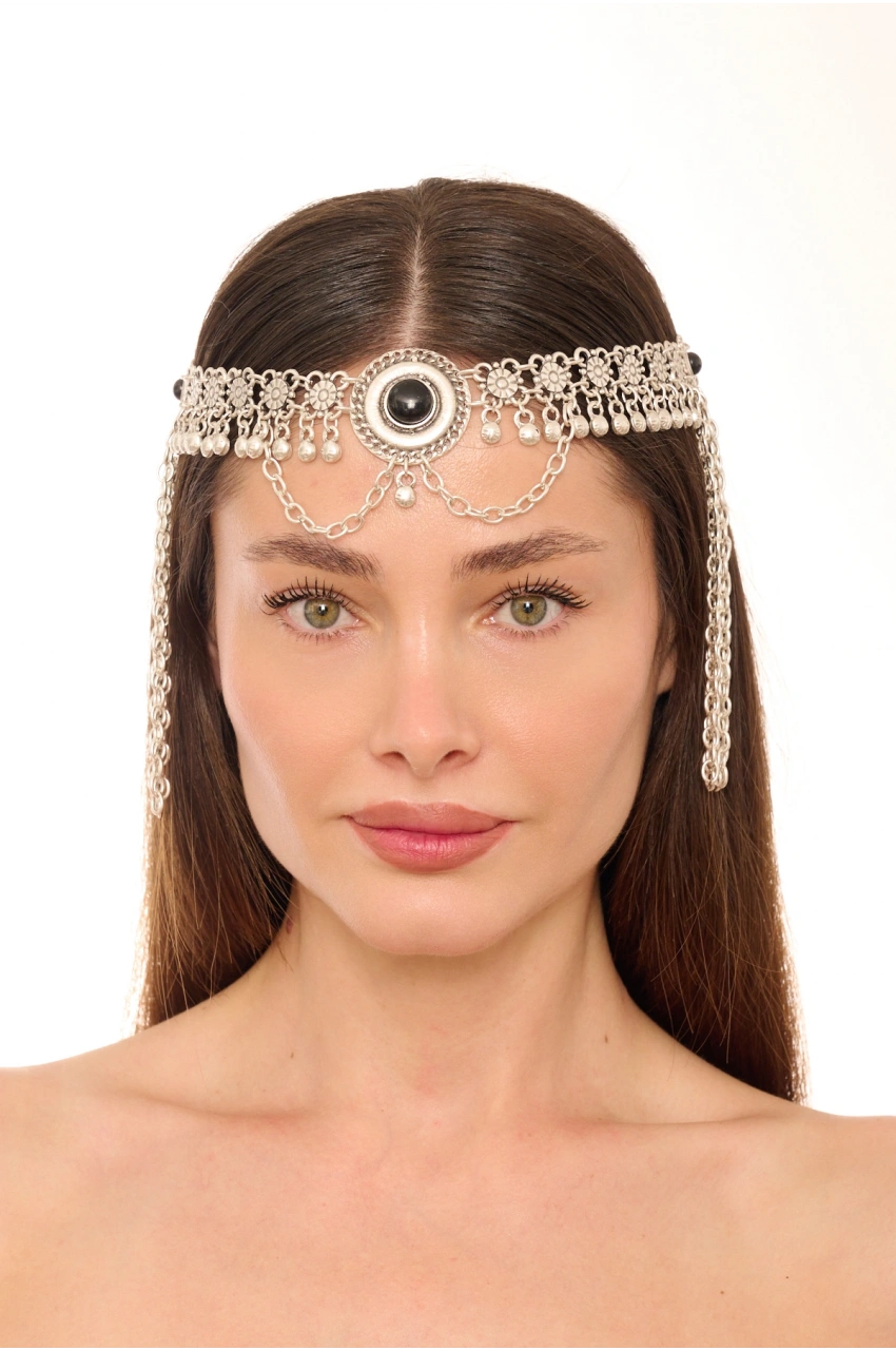 Kiraz Black Stoned Silver Plated Head Accessory