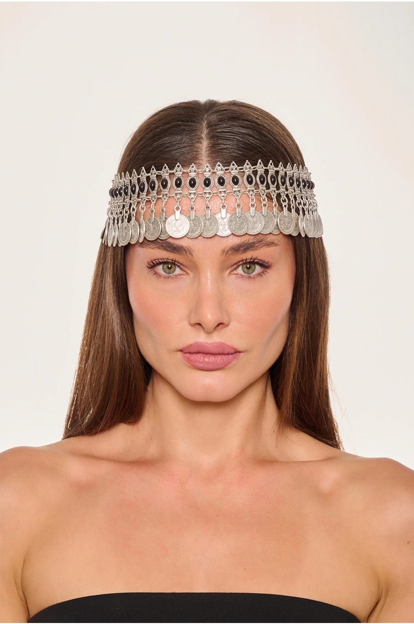 Kiraz Black Stoned Silver Plated Head Accessory