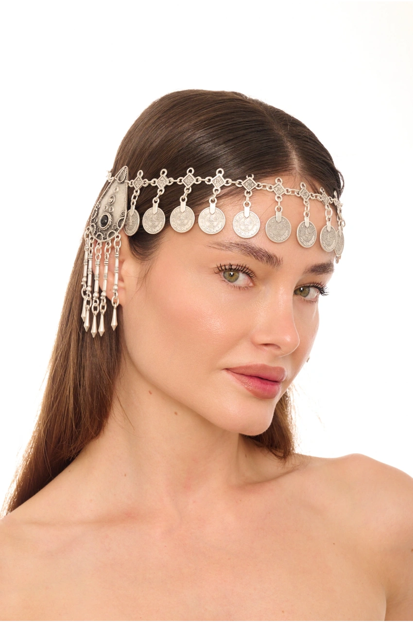 Kiraz Black Stoned Silver Plated Head Accessory