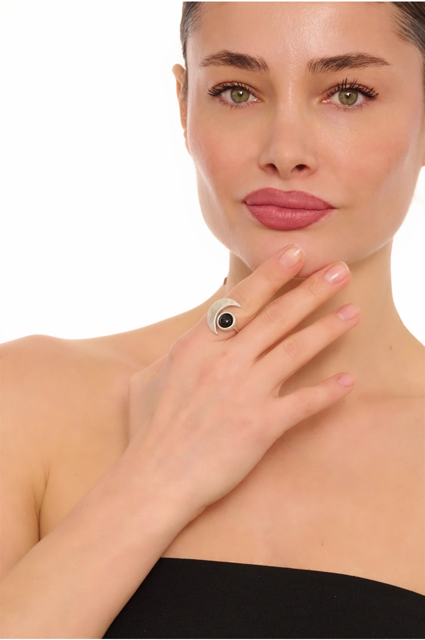 Kiraz Black Stoned Silver Plated Moon Ring