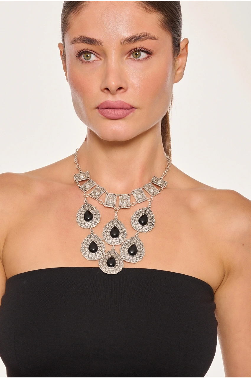 Kiraz Black Stoned Silver Plated Necklace