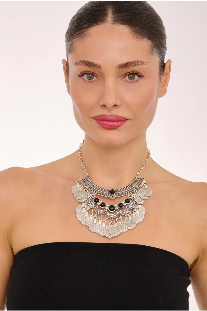 Kiraz Black Stoned Silver Plated Necklace