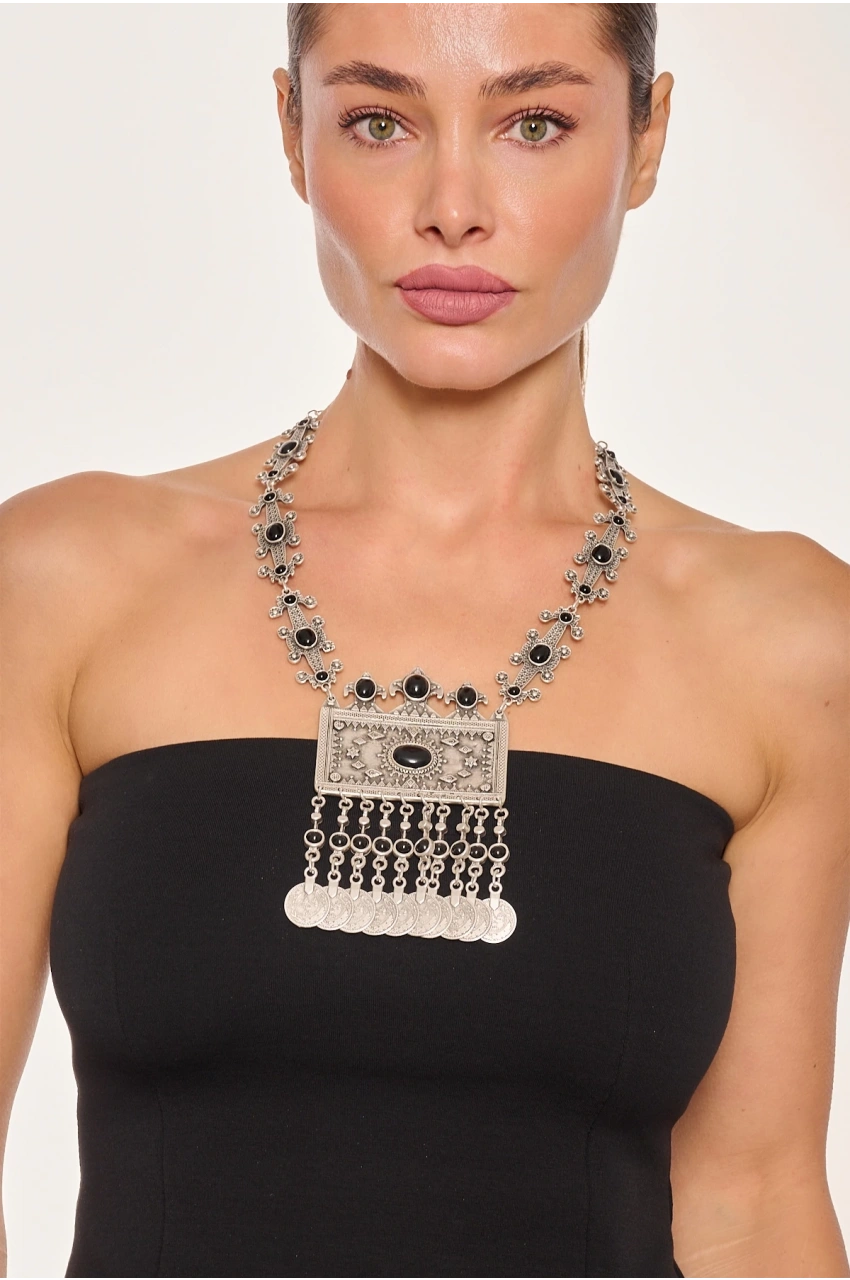 Kiraz Black Stoned Silver Plated Necklace