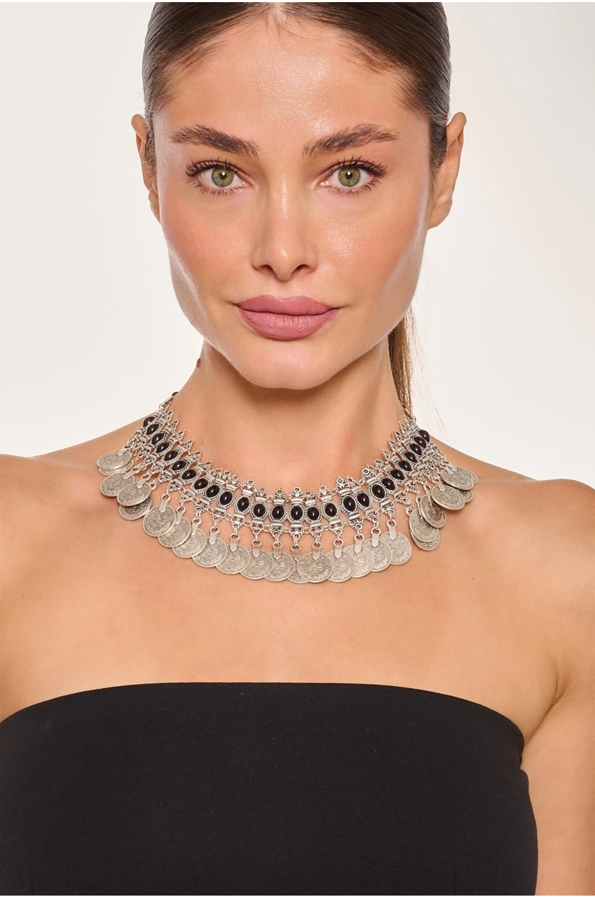 Kiraz Black Stoned Silver Plated Necklace