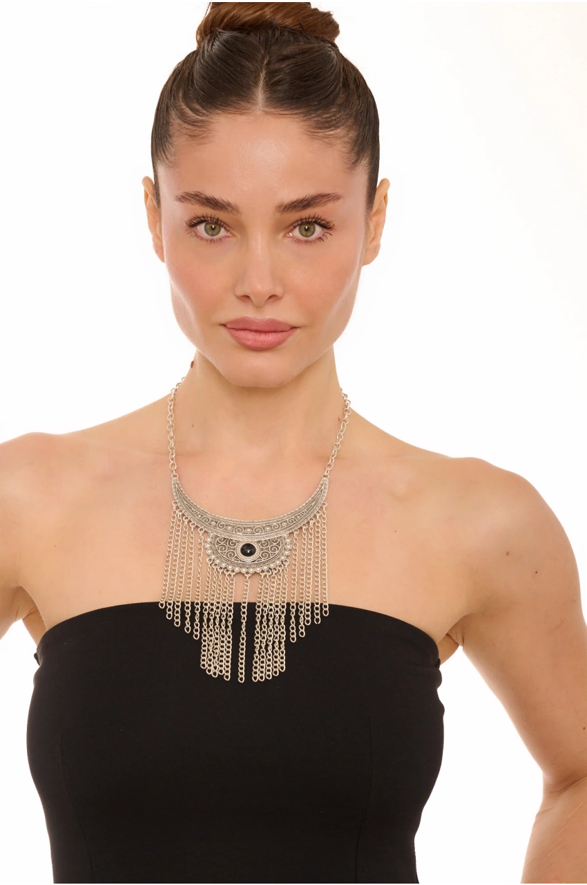 Kiraz Black Stoned Silver Plated Necklace