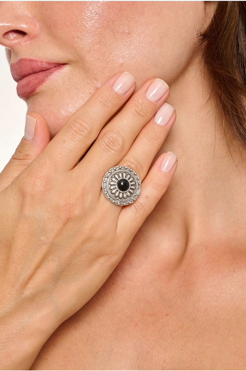 Kiraz Black Stoned Silver Plated Ring