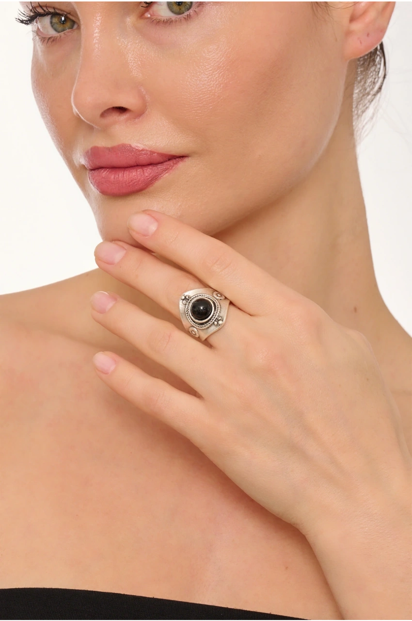 Kiraz Black Stoned Silver Plated Ring