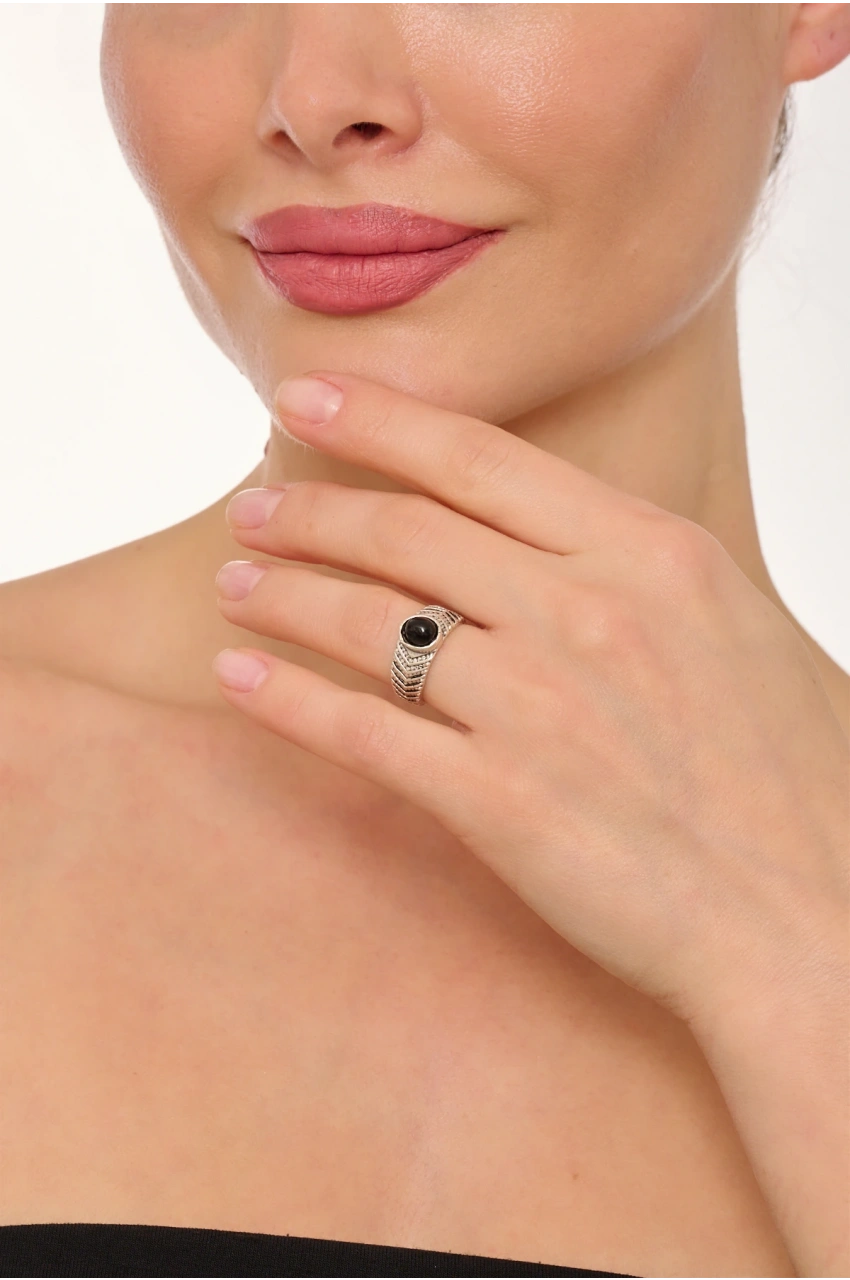 Kiraz Black Stoned Silver Plated Ring