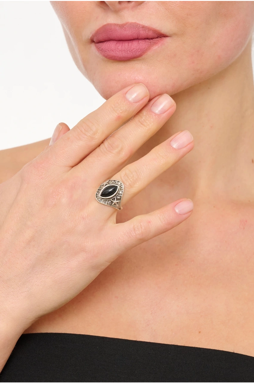 Kiraz Black Stoned Silver Plated Ring