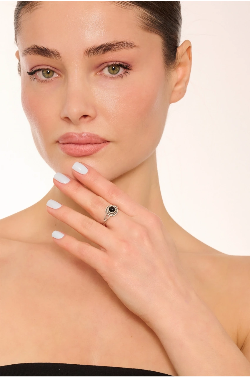 Kiraz Black Stoned Silver Plated Ring