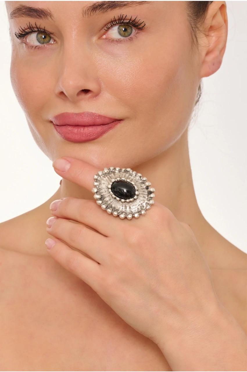Kiraz Black Stoned Silver Plated Ring