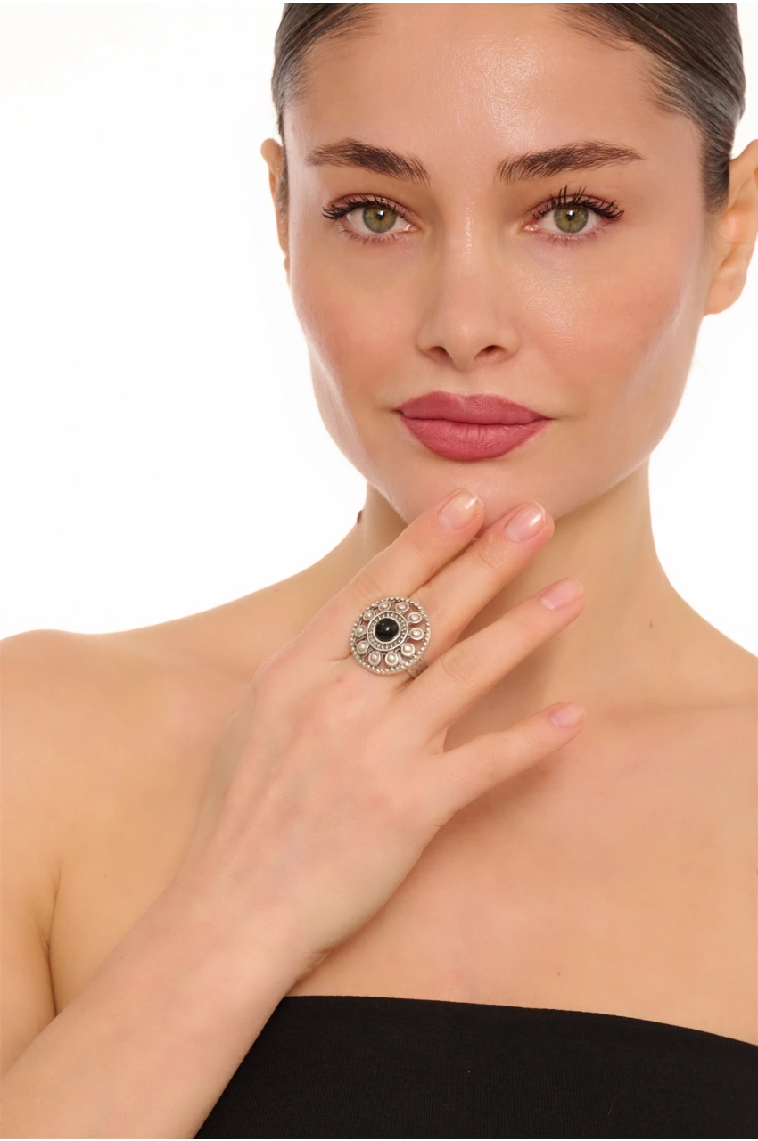 Kiraz Black Stoned Silver Plated Ring